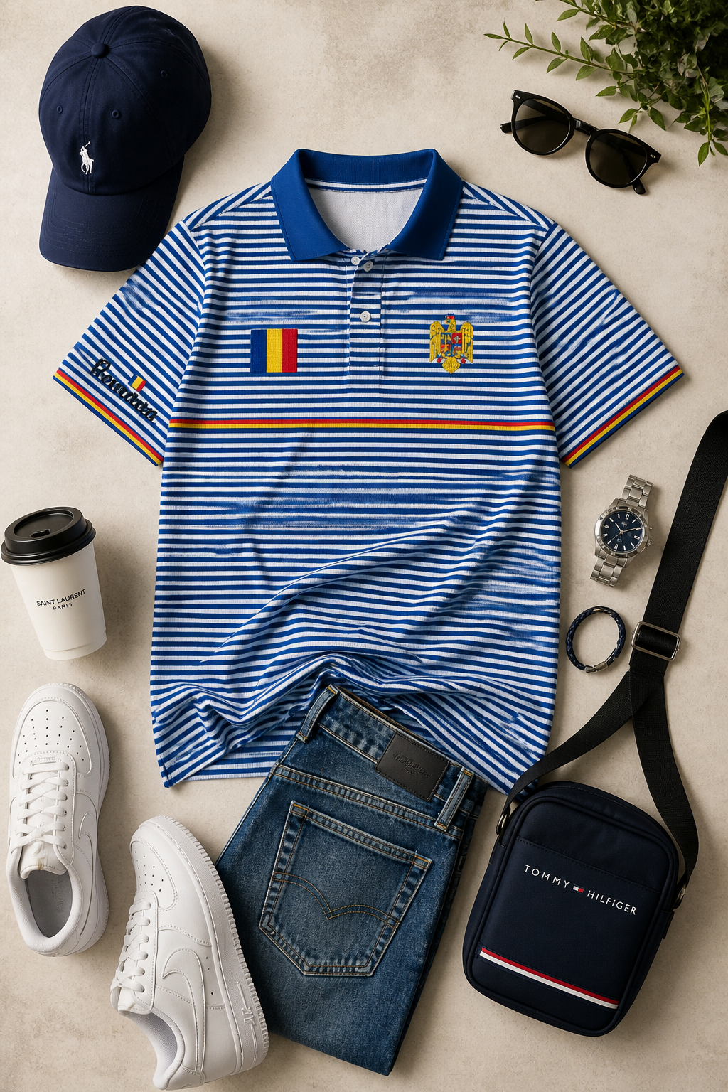 Tricou polo albastru dungi stil Romania casual vara outfit modern