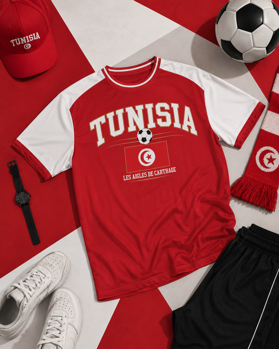 Red and white 'Tunisia' themed t-shirt with sports gear on a red background