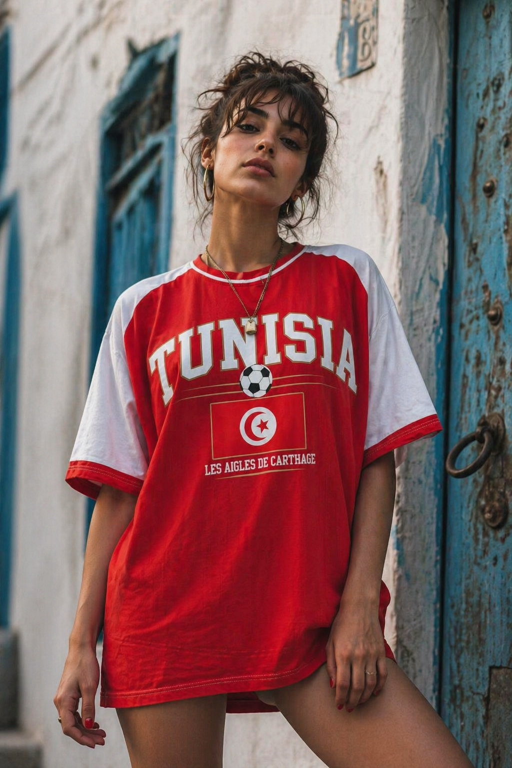 Woman wearing a red and white 'Tunisia' jersey with a flag design, standing in front of a textured wall.