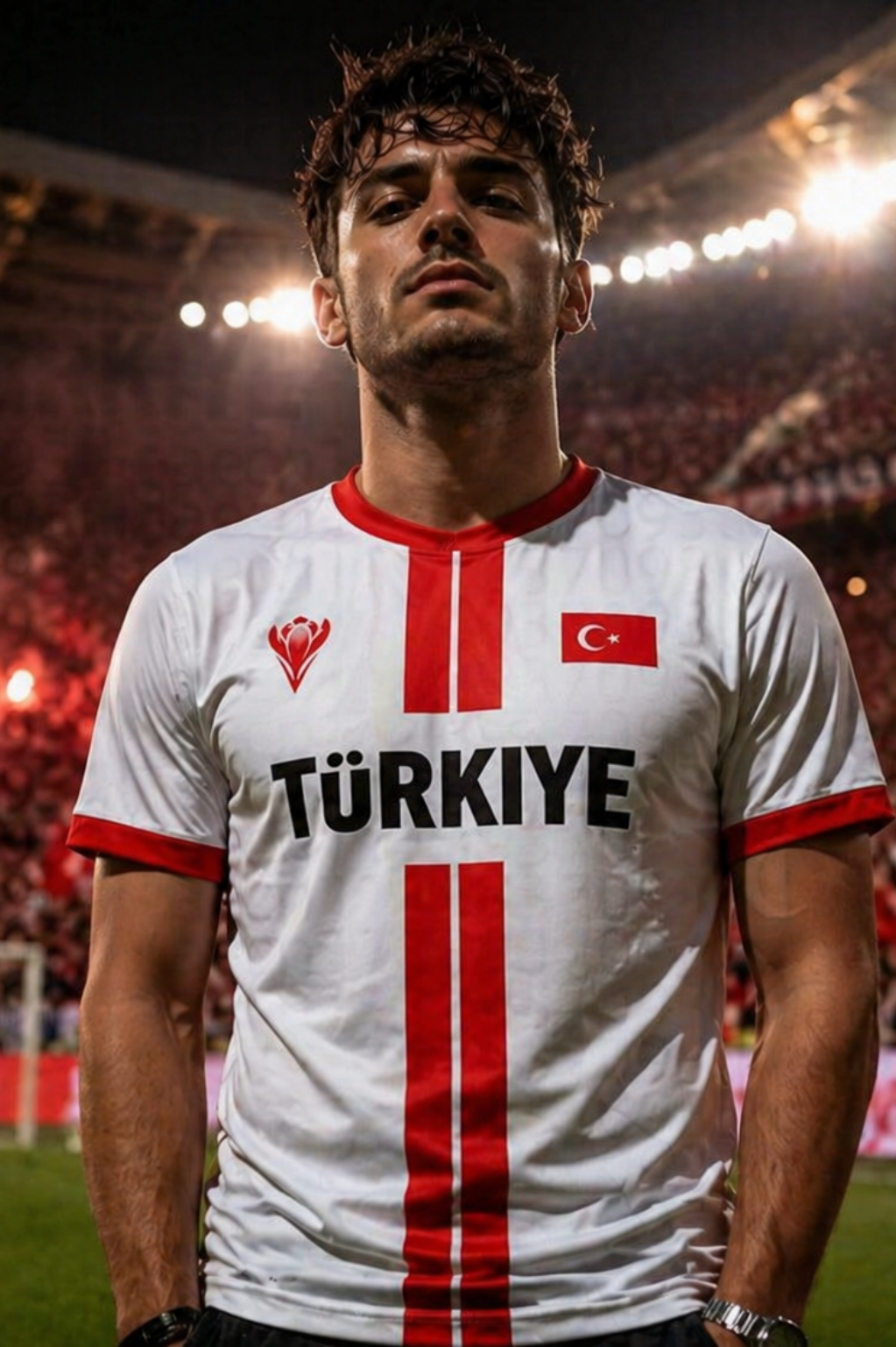 Person wearing a sports jersey with 'Türkiye' printed on it, standing in a stadium.