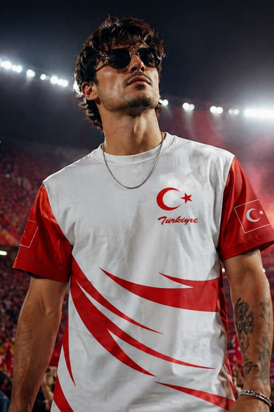 Man wearing a white and red sports jersey with Turkish design elements in a stadium setting