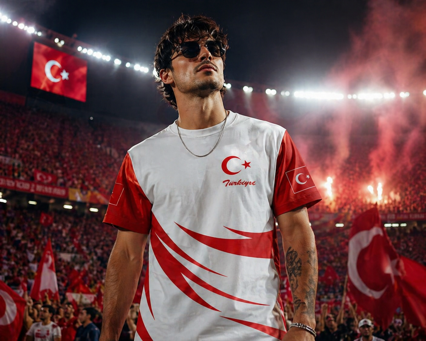 Man wearing a red and white sports jersey with Turkish flag design in a stadium setting.