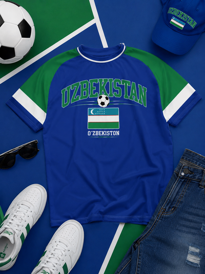 Blue t-shirt with 'Uzbekistan' text and flag design, surrounded by soccer ball, sunglasses, and jeans on a blue and green background.