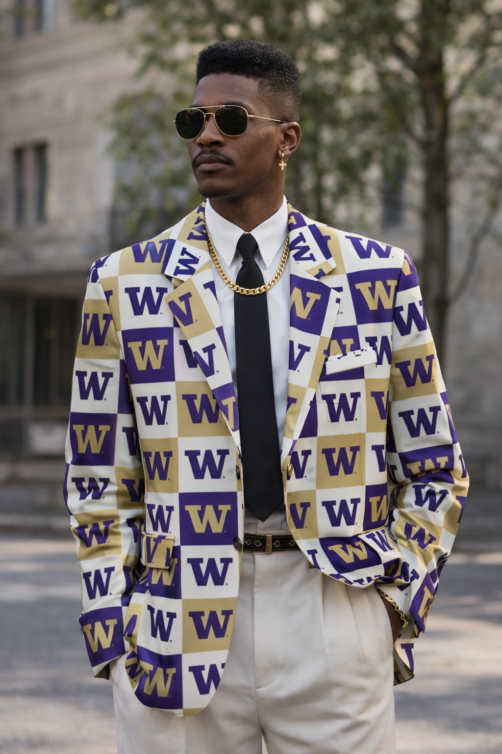 Man wearing a patterned blazer with 'W' logos, sunglasses, and a gold chain.