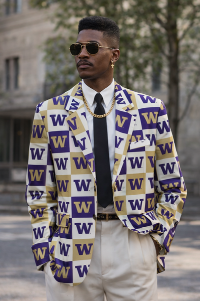 Man wearing a patterned blazer with 'W' logos, sunglasses, and a gold chain.