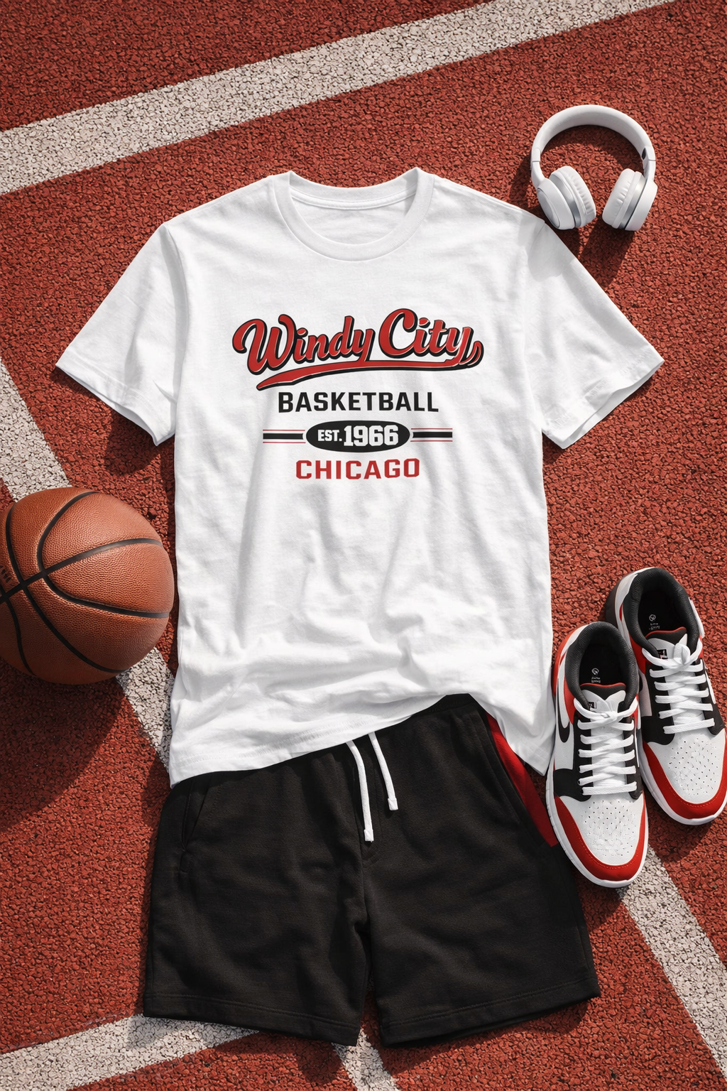 White t-shirt with 'Windy City Basketball' design, black shorts, sneakers, basketball, and headphones on a red sports court.