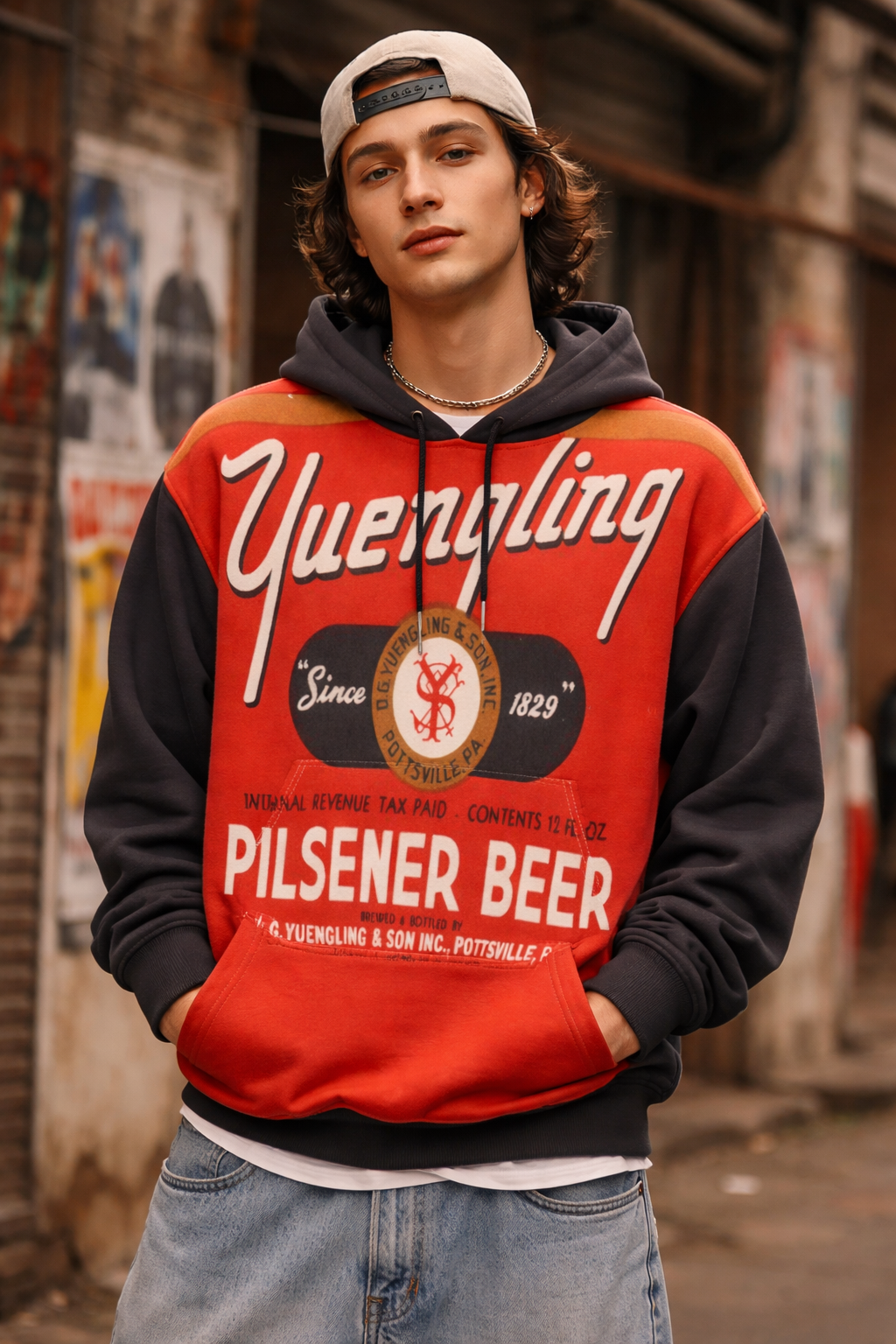 Person wearing a Yuengling Pilsener Beer hoodie in an urban setting