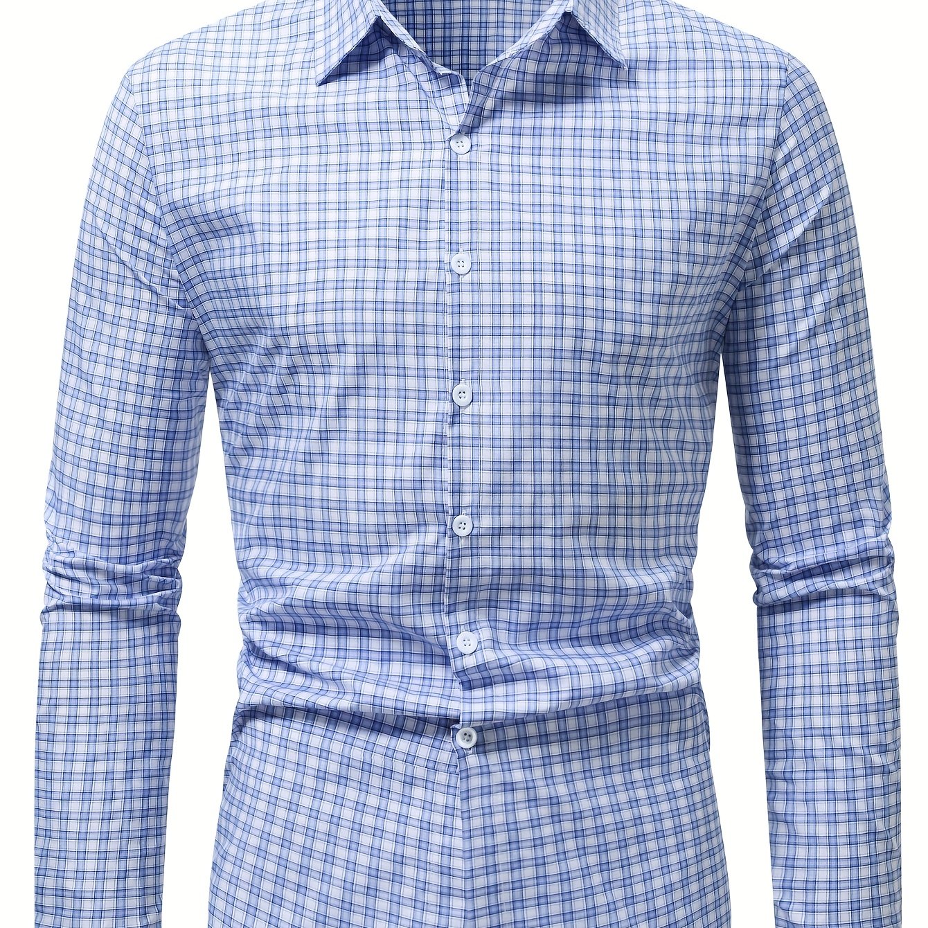 Light Steel Blue Plaid Casual Turn- Collar Shirt