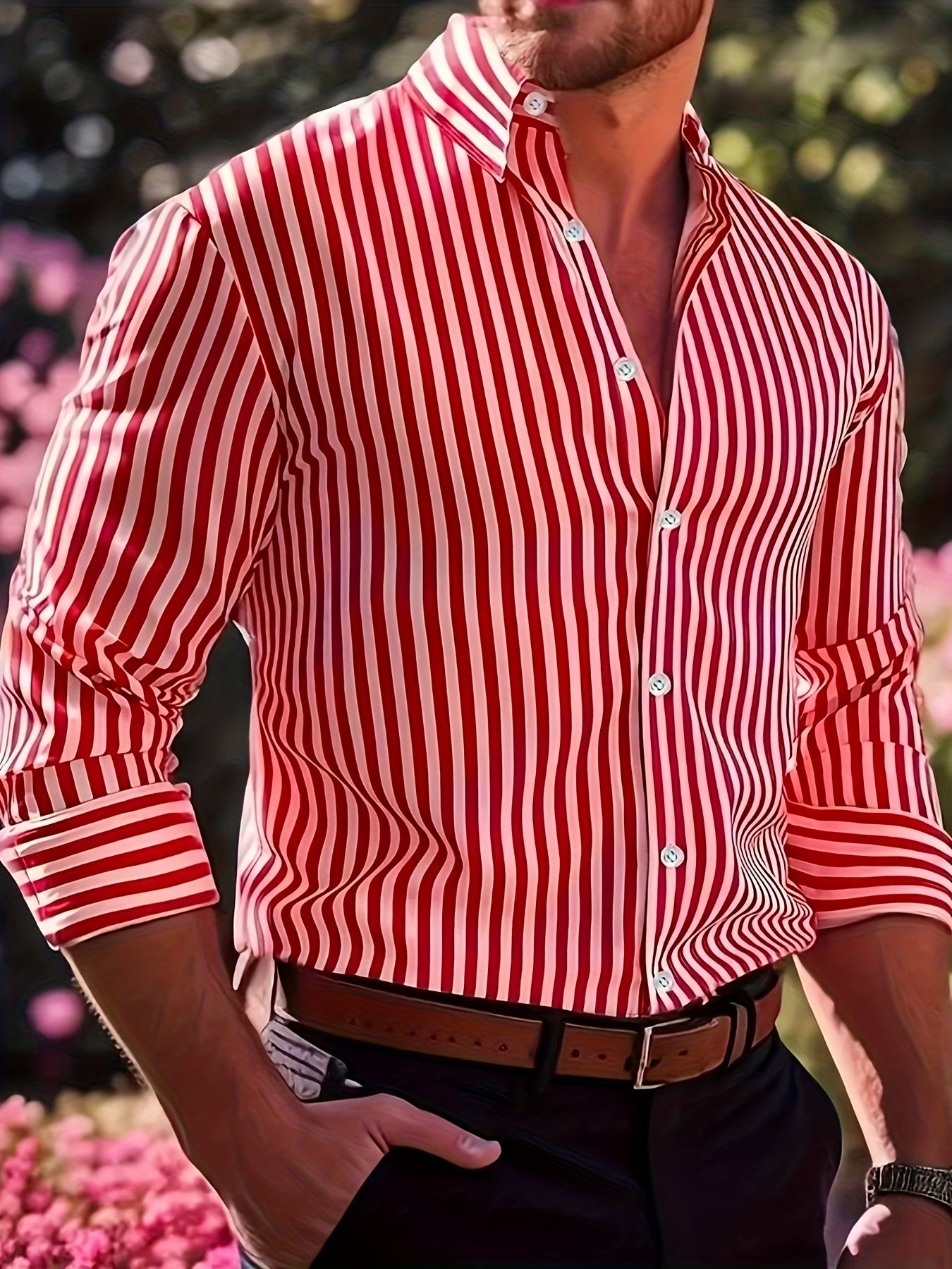 Maroon Men's Casual Striped Long Sleeve Shirt -  and White Vertical Pattern, Button- Collar Design, Non-Stretch Fabric, Suitable for Casual Attire, All Seasons | Fitted Cut