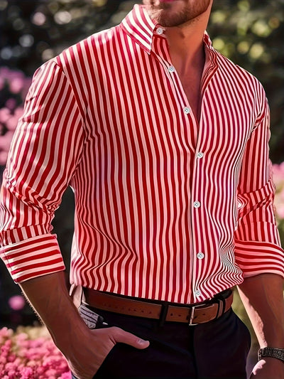 Maroon Men's Casual Striped Long Sleeve Shirt -  and White Vertical Pattern, Button- Collar Design, Non-Stretch Fabric, Suitable for Casual Attire, All Seasons | Fitted Cut