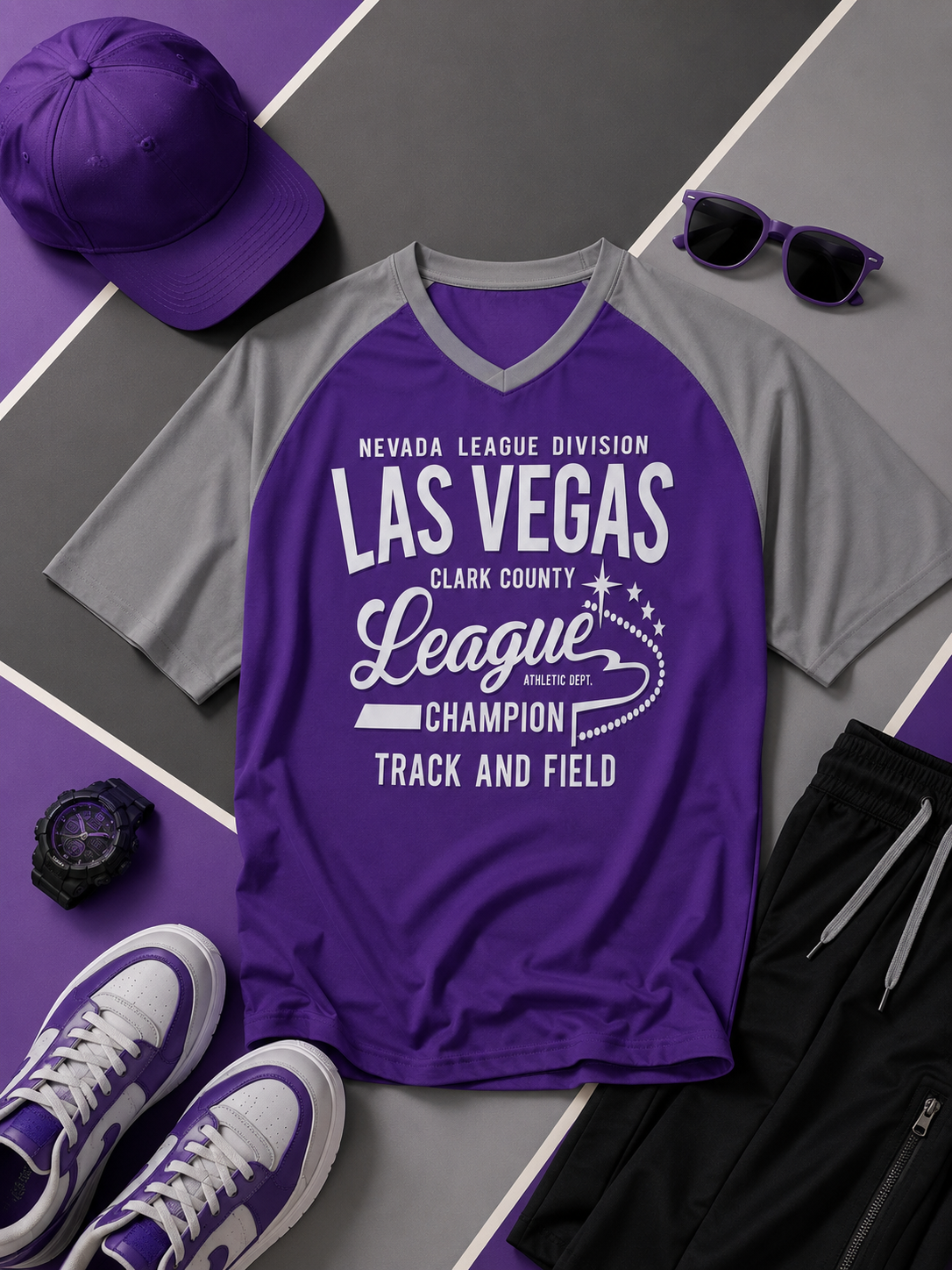 Las Vegas League Champion Graphic T-Shirt – Purple and Grey Varsity Style Tee streetwear fashion product image 2