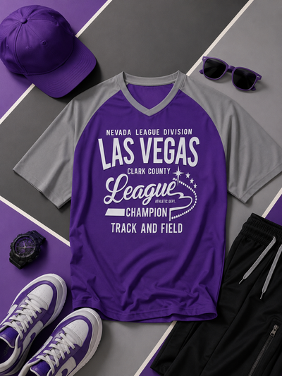 Las Vegas League Champion Graphic T-Shirt – Purple and Grey Varsity Style Tee