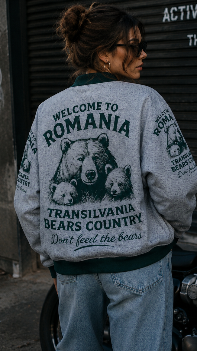 Person wearing a jacket with bear graphics and text, standing next to a motorcycle.
