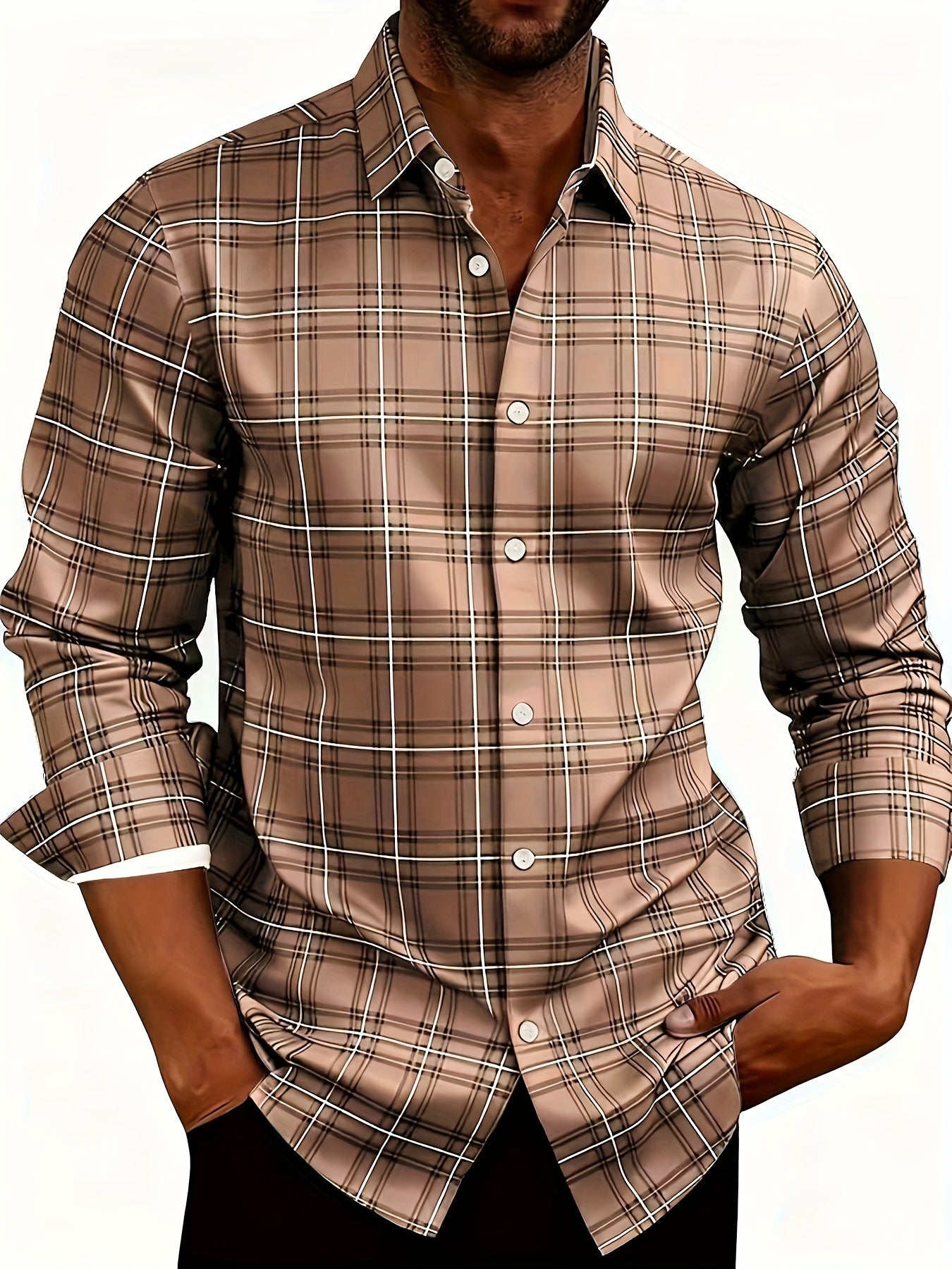 White Smoke Men'S Plaid Long-Sleeve Shirt with 3D Digital Printing, Suitable for Casual Outings, Entertainment, And Gatherings