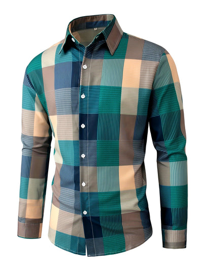 White Smoke Men'S Casual Lapel Collar Shirt | Loose Fit, Long Sleeve, Plaid Pattern, Single Breasted, Non-Stretch Fabric, Ideal for Daily and Semi-Formal Wear, Hand Washable