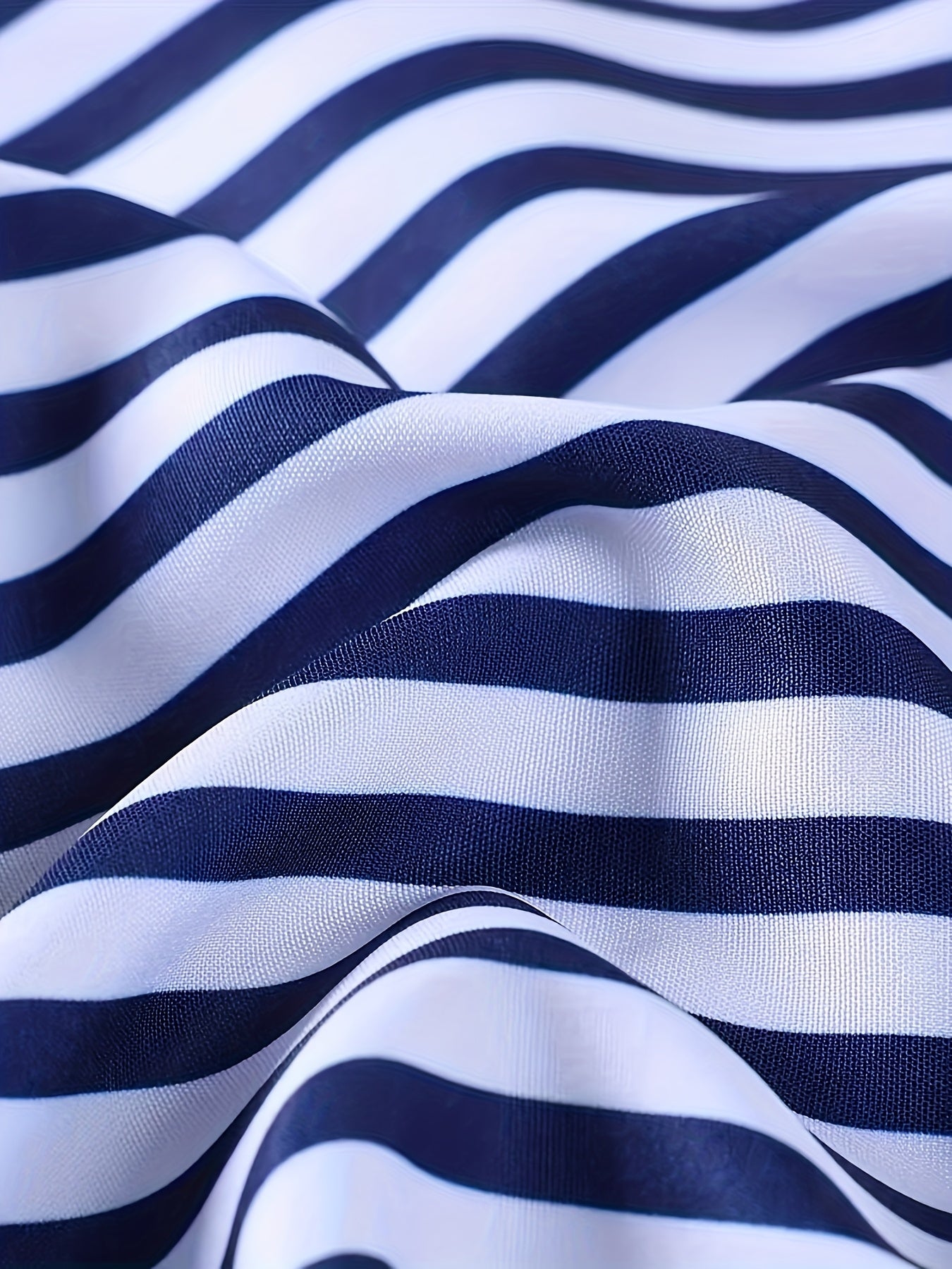 Midnight Blue Men's Casual Striped Long Sleeve Shirt -  and White Vertical Pattern, Button- Collar Design, Non-Stretch Fabric, Suitable for Casual Attire, All Seasons | Fitted Cut