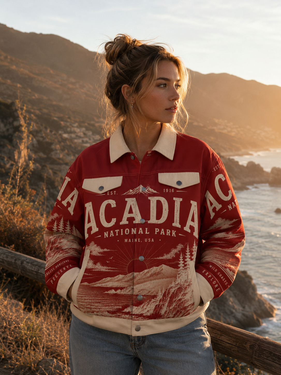 Acadia National Park Vintage Red Jacket – Coastal Mountain Outdoor Streetwear Bomber streetwear fashion product image 3