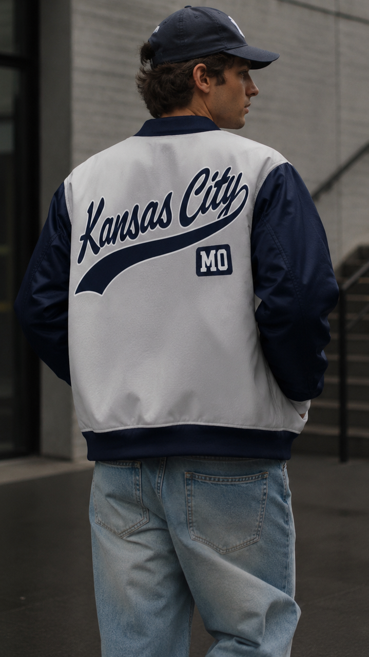 Person wearing a 'Kansas City MO' letterman jacket and cap outdoors.
