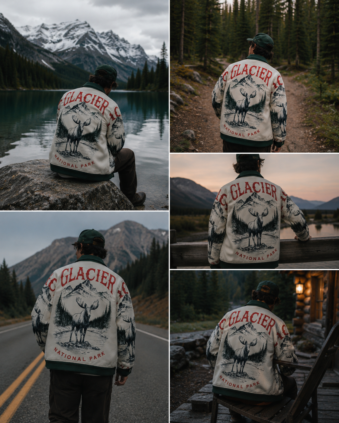 Person wearing a Glacier National Park jacket in various outdoor settings.