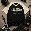San Antonio Texas Alamo City Black and Cream Varsity T Shirt Men Athletic Raglan Tee
