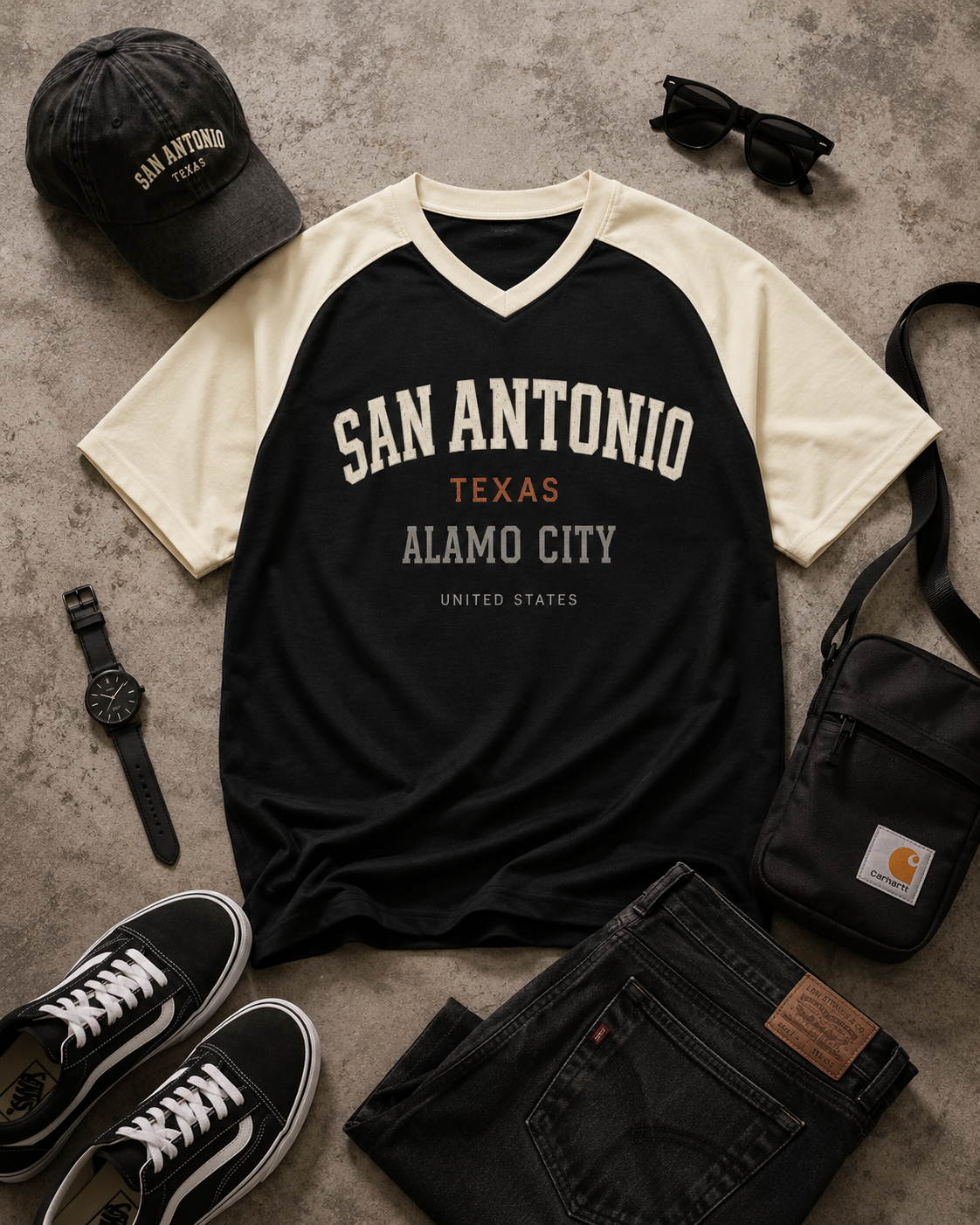 San Antonio Texas Alamo City Black and Cream Varsity T Shirt Men Athletic Raglan Tee