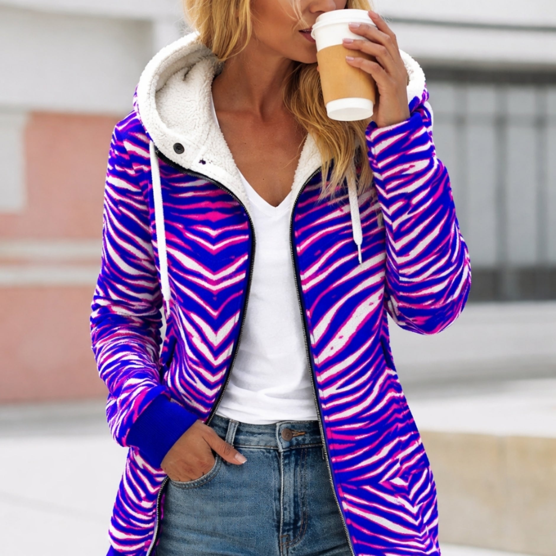Buffalo Zebra Football Women’s Long Jacket With Fleece Lining – Warm Game Day Streetwear – fan gear, game day outfit, image 1.0