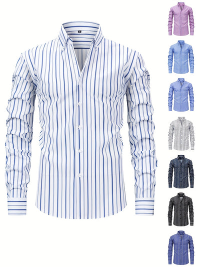 White Smoke Men'S Classic Fashion Print Long Sleeve Shirt | Striped Digital Print, Square Neck, Single Breasted, Suitable for Casual Outdoor and Formal Occasions, All-Season, Multiple Colors Available, Ideal for Holiday Gifts