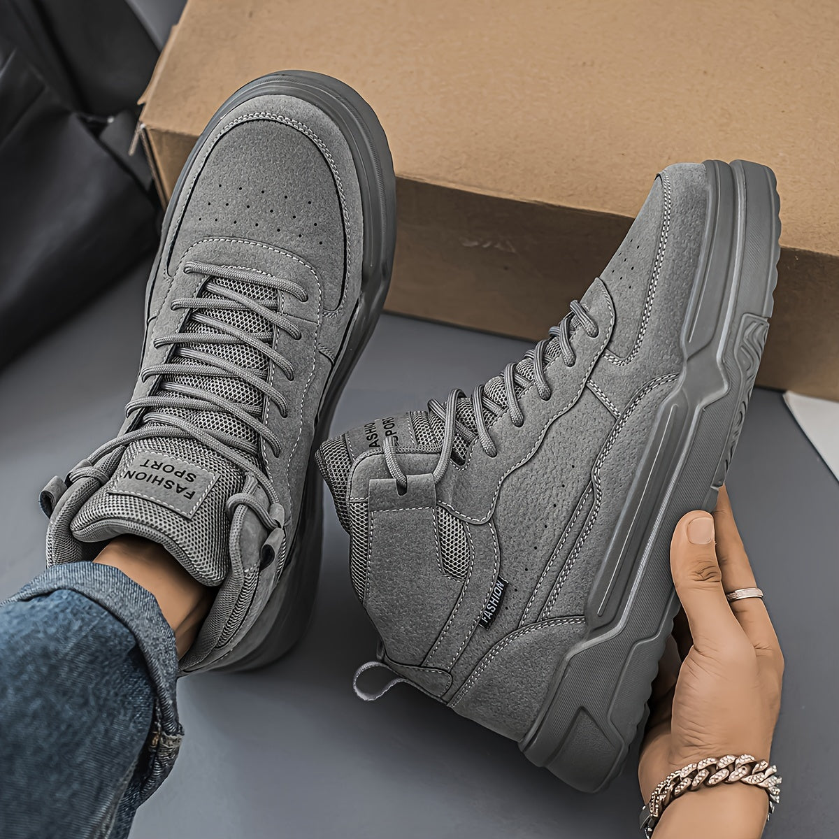 Men'S High-Top Fashion Sneakers, Casual Sports Street Style, Solid Color with Graphic Detail, All-Season Lace-Up Running Shoes, PU & Fabric Upper, EVA Sole, Round Toe, for Daily Wear