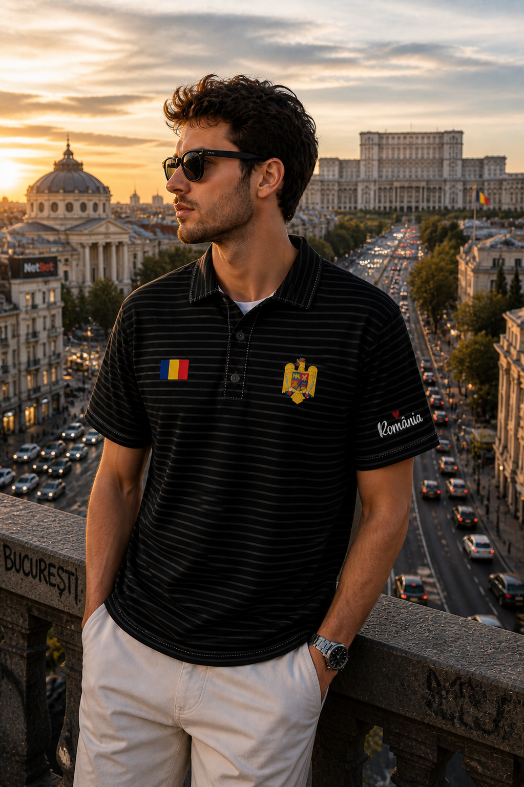 Man wearing a black striped polo shirt with a flag design, standing in an urban setting with buildings and traffic in the background.