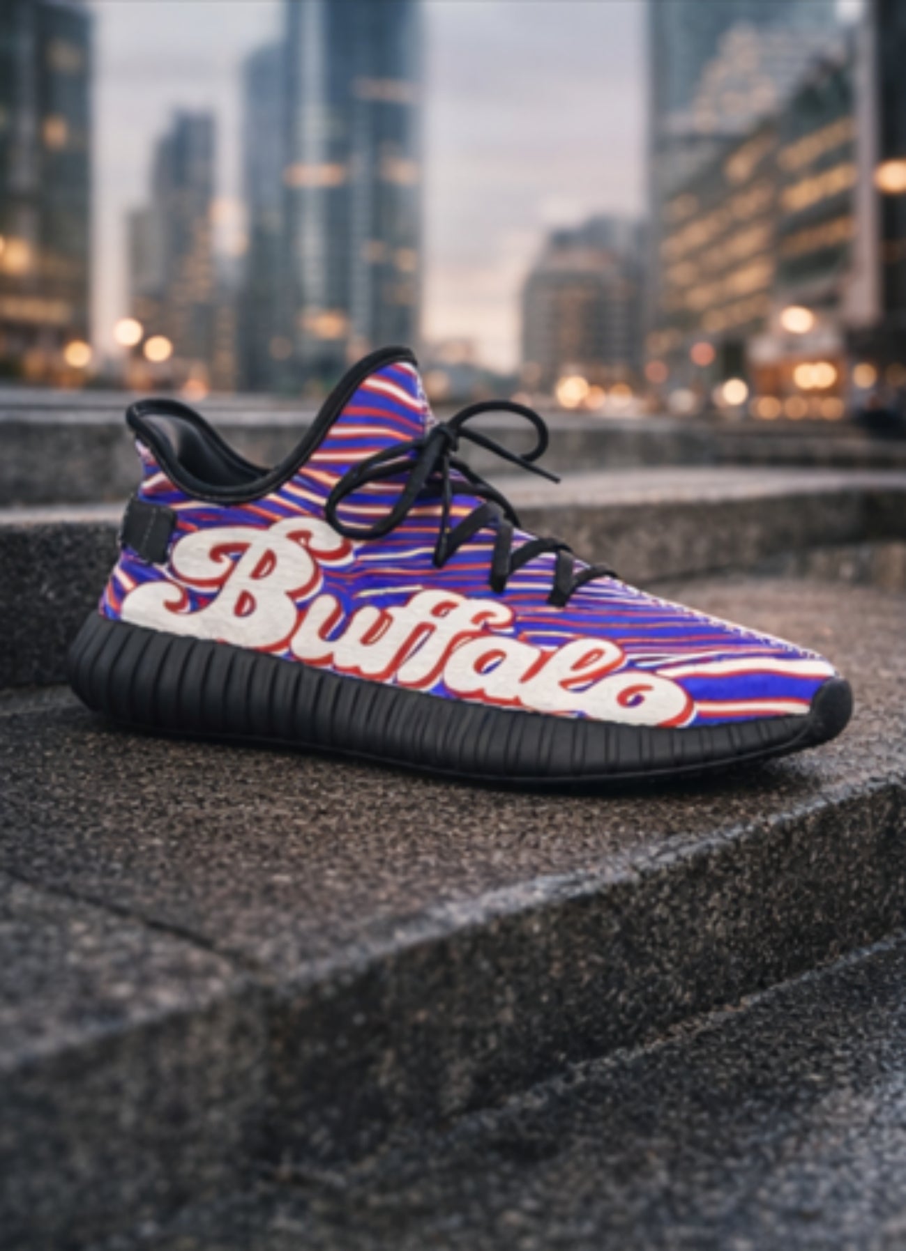 Colorful sneaker with 'Buffalo' branding on a cityscape background