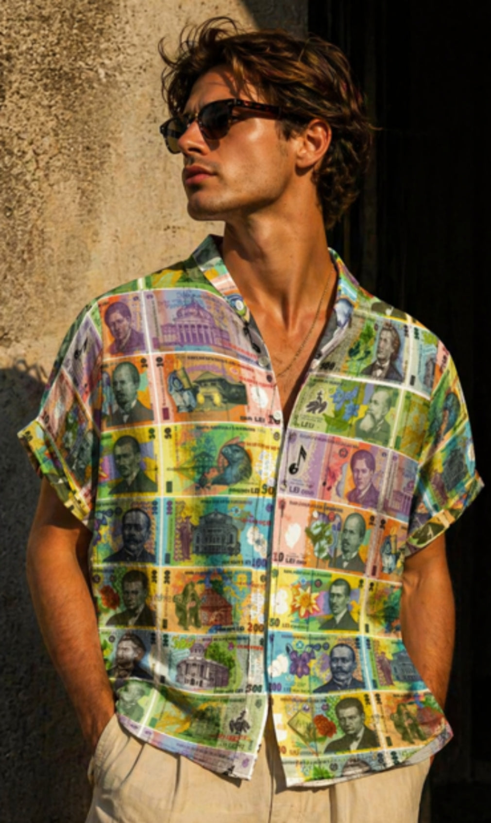 Romania money print Stand Collar Shirt|110GSM Imitation Flax Camasa imprimeu bani romanesti
