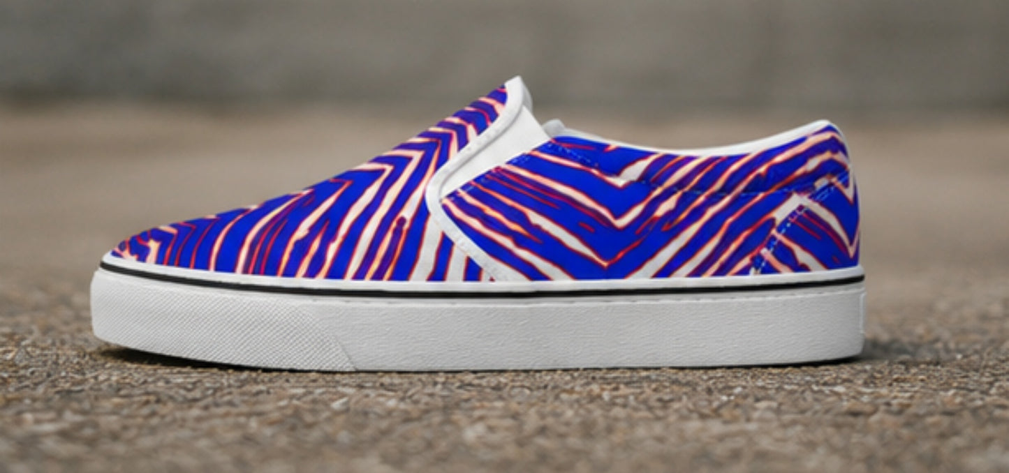 Buffalo Bills Zubaz Kid's Slip On Sneakers – Red Blue White Zebra Game Day Style