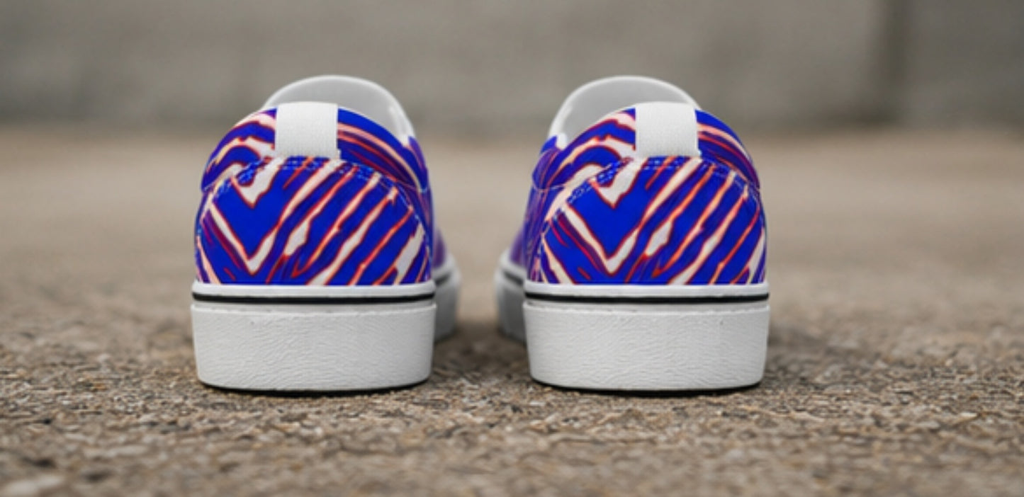 Buffalo Bills Zubaz Kid's Slip On Sneakers – Red Blue White Zebra Game Day Style
