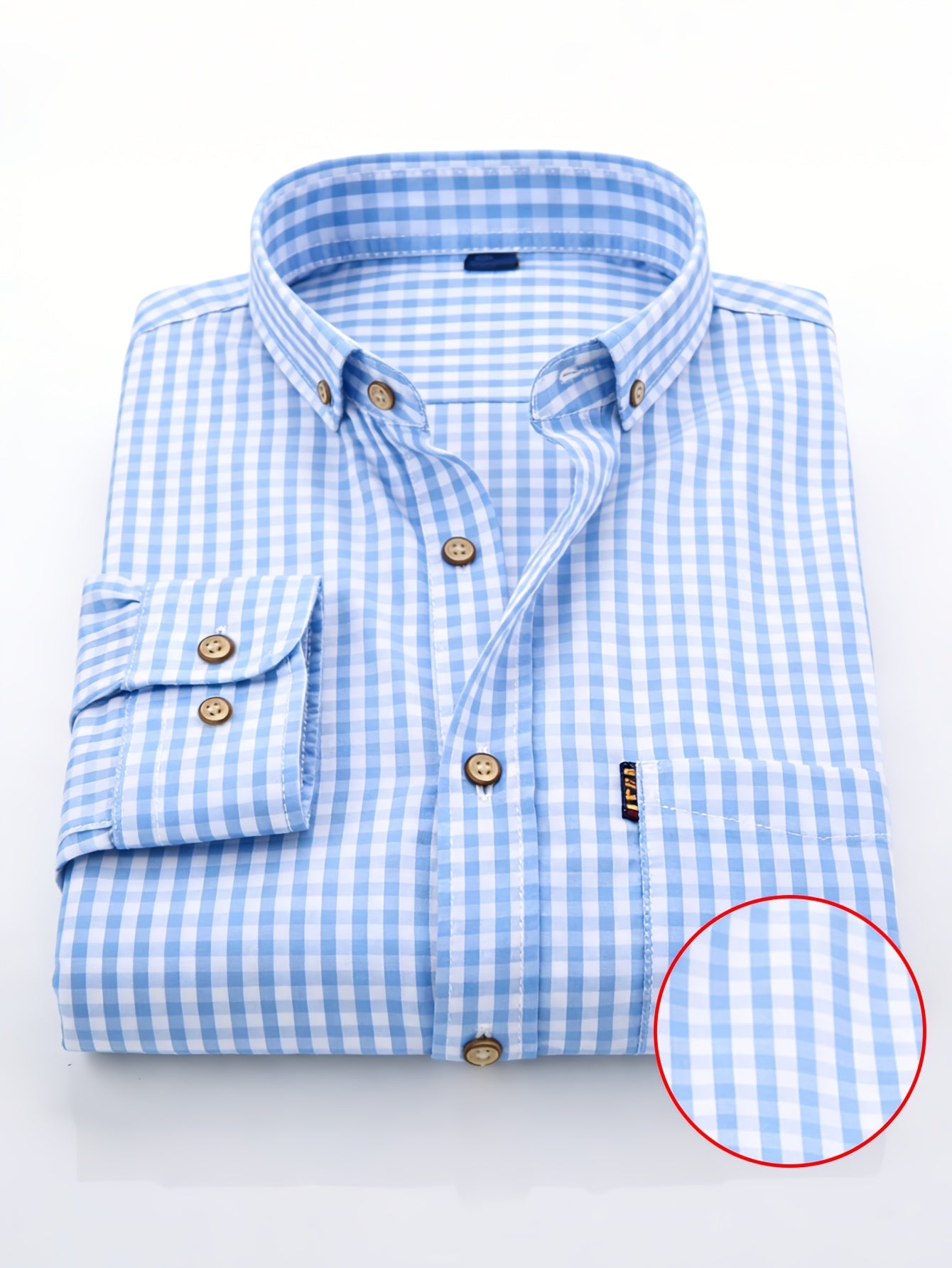 Powder Blue 1pc Men'S Casual Plaid Shirt | Long Sleeve, Non-Stretch Fabric, Single Breasted, Left Chest Pocket, Ideal for Daily Commute and Business Casual Occasions