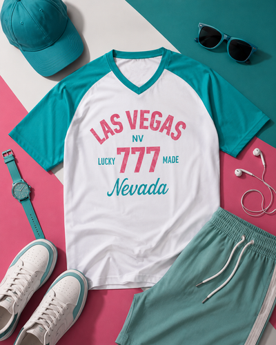 Las Vegas 777 Graphic T-Shirt – White and Teal Nevada Style Tee
