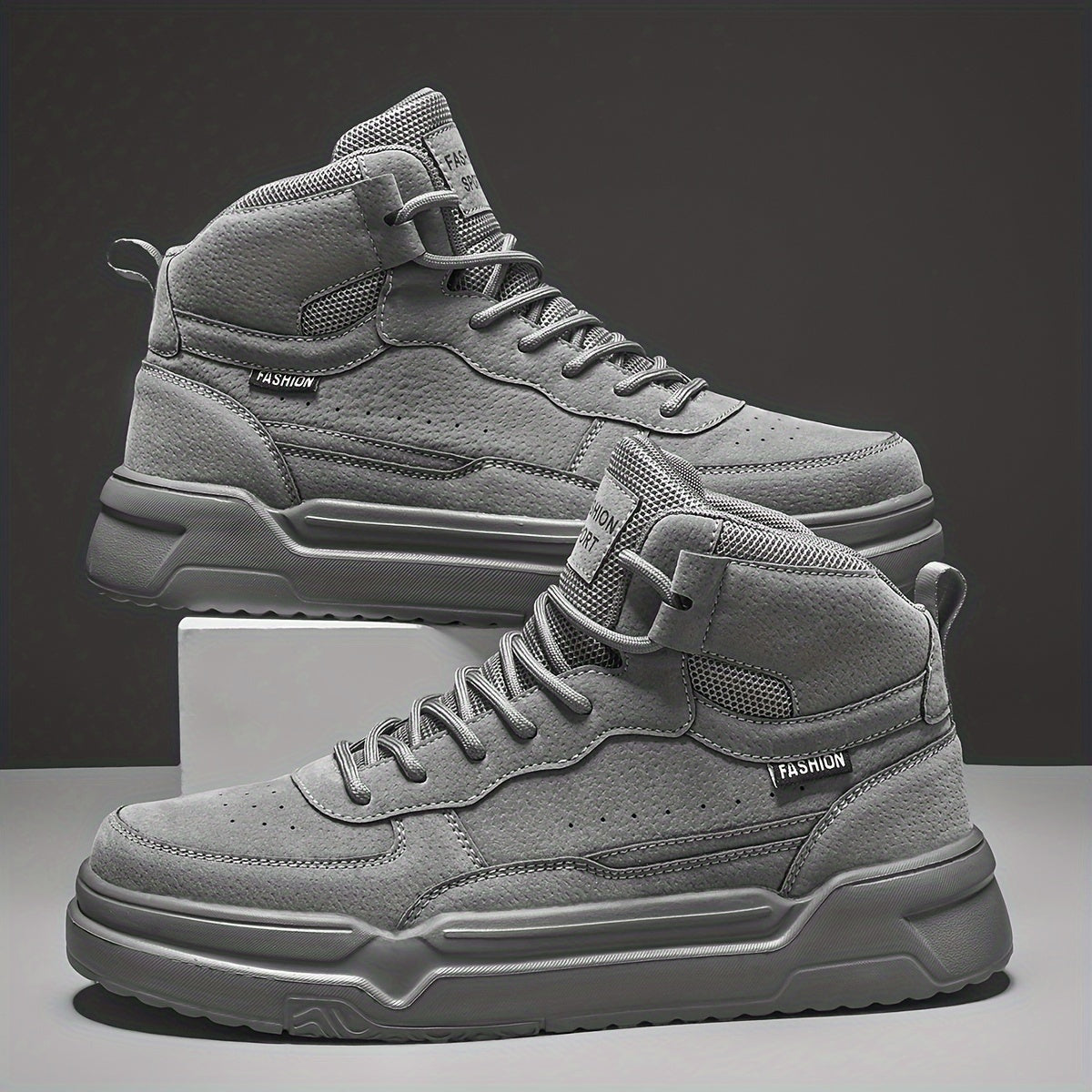 Men'S High-Top Fashion Sneakers, Casual Sports Street Style, Solid Color with Graphic Detail, All-Season Lace-Up Running Shoes, PU & Fabric Upper, EVA Sole, Round Toe, for Daily Wear