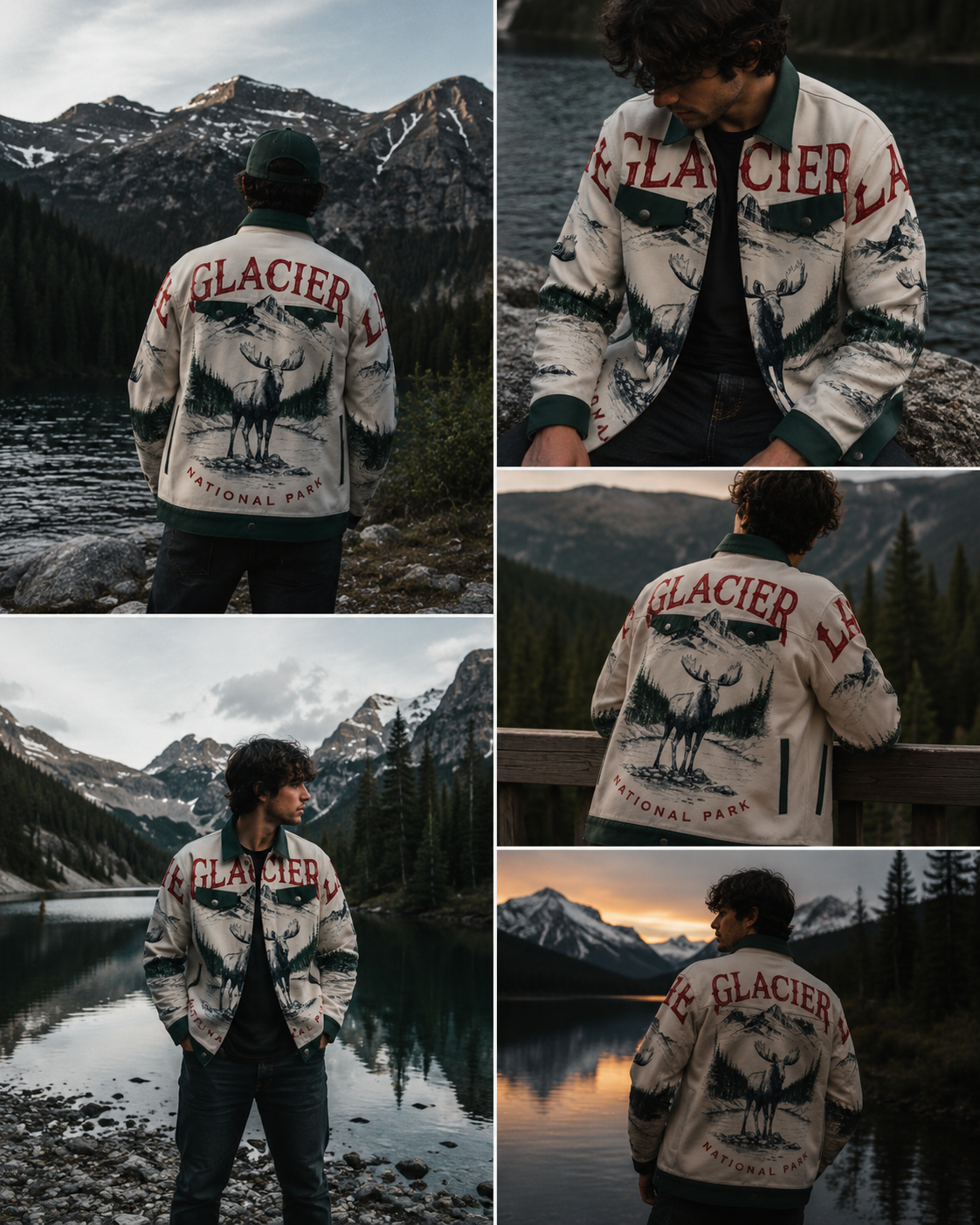 Person wearing a Glacier National Park jacket in various scenic locations.