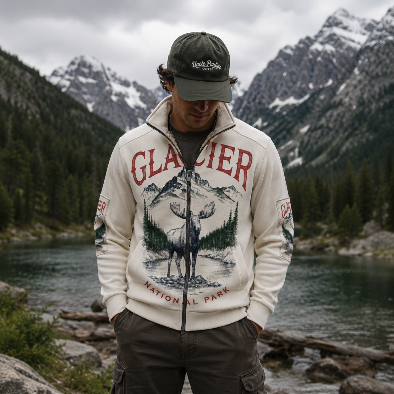 Glacier National Park Moose Mountain Zip-Up Jacket – Vintage Outdoor Adventure Fleece Hoodie