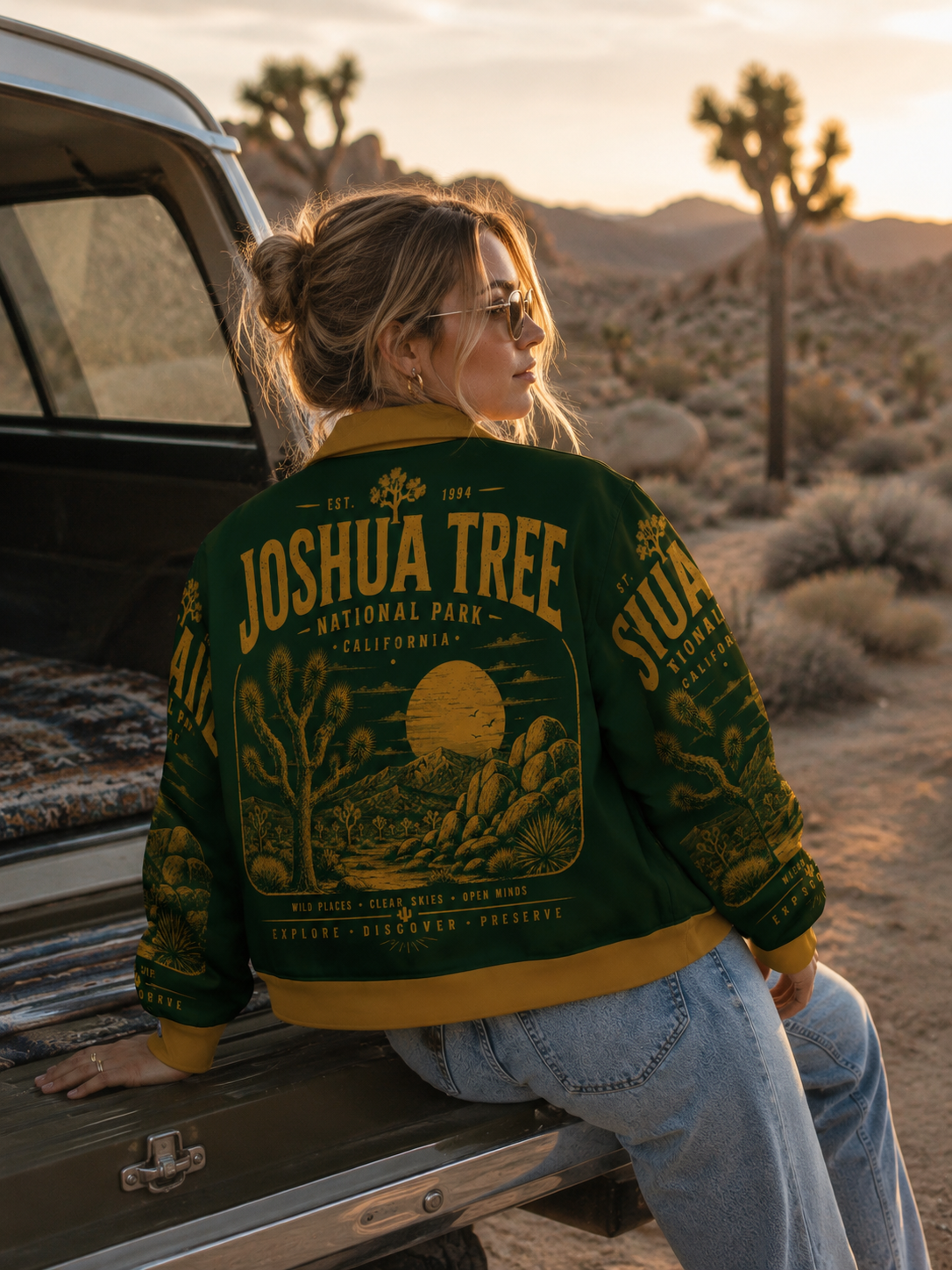 Joshua Tree National Park Vintage Green Jacket – Retro Desert Outdoor Streetwear Bomber
