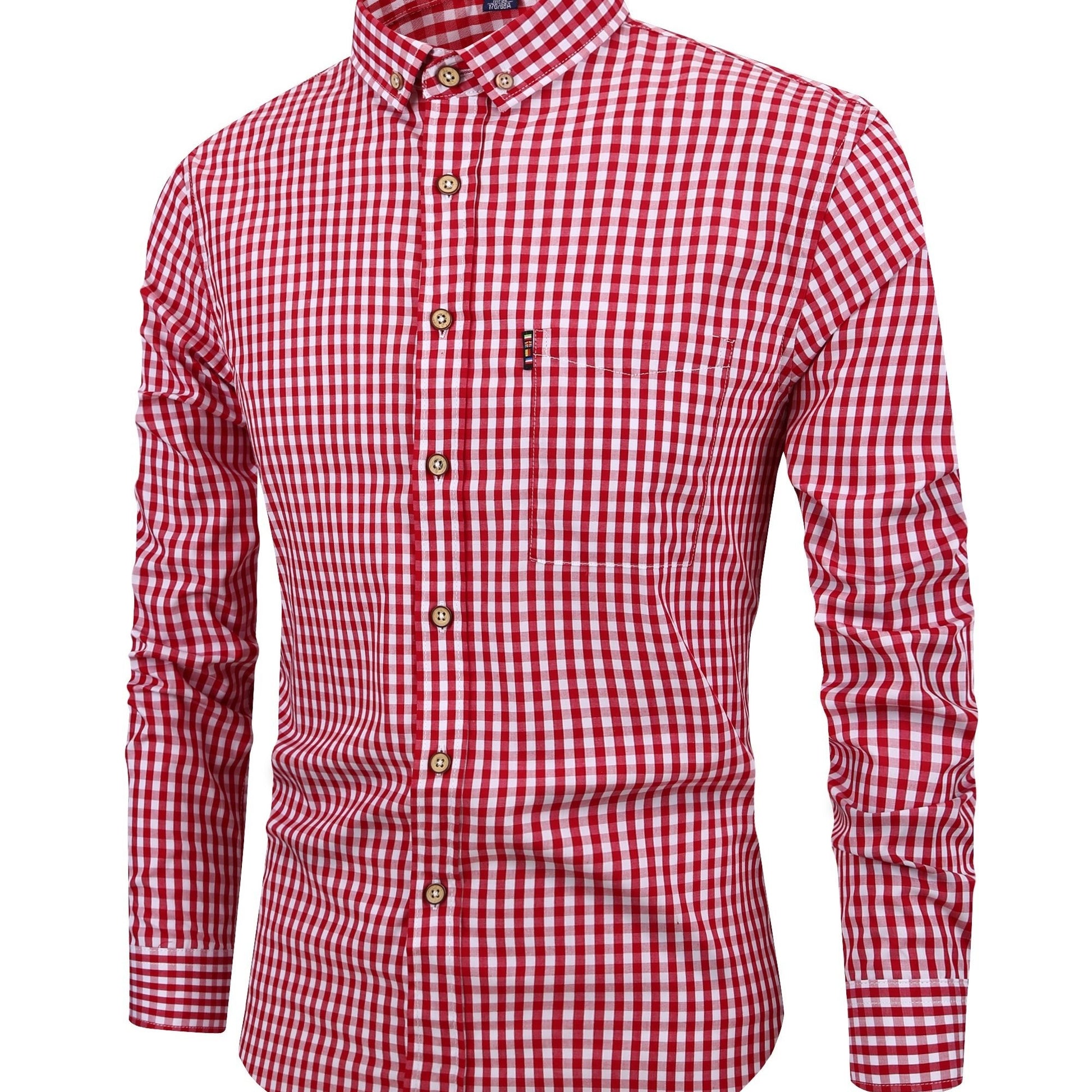 Pale Violet Red Kingstiger Men's casual slim cotton plaid shirt, Casual Breathable Lapel Button Up Long Sleeve Shirt Top for City Walk Street Hanging Outdoor Activities