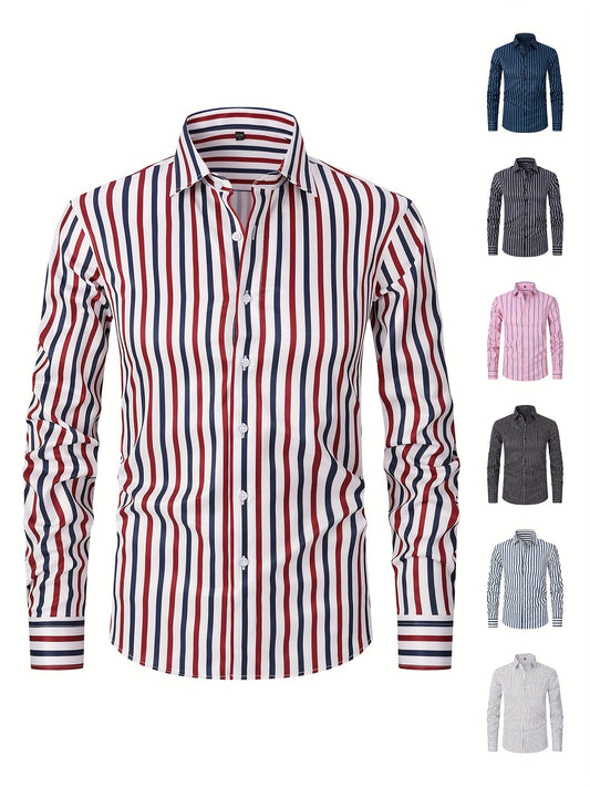 A Men'S Casual Light Business Striped Long-Sleeve Shirt - Tailored Fit with Wrinkle-Resistant Fabric, Suitable for All Seasons - Perfect for Business Commuting, Casual Gatherings, And Dates - Can Be Given As a Gift
