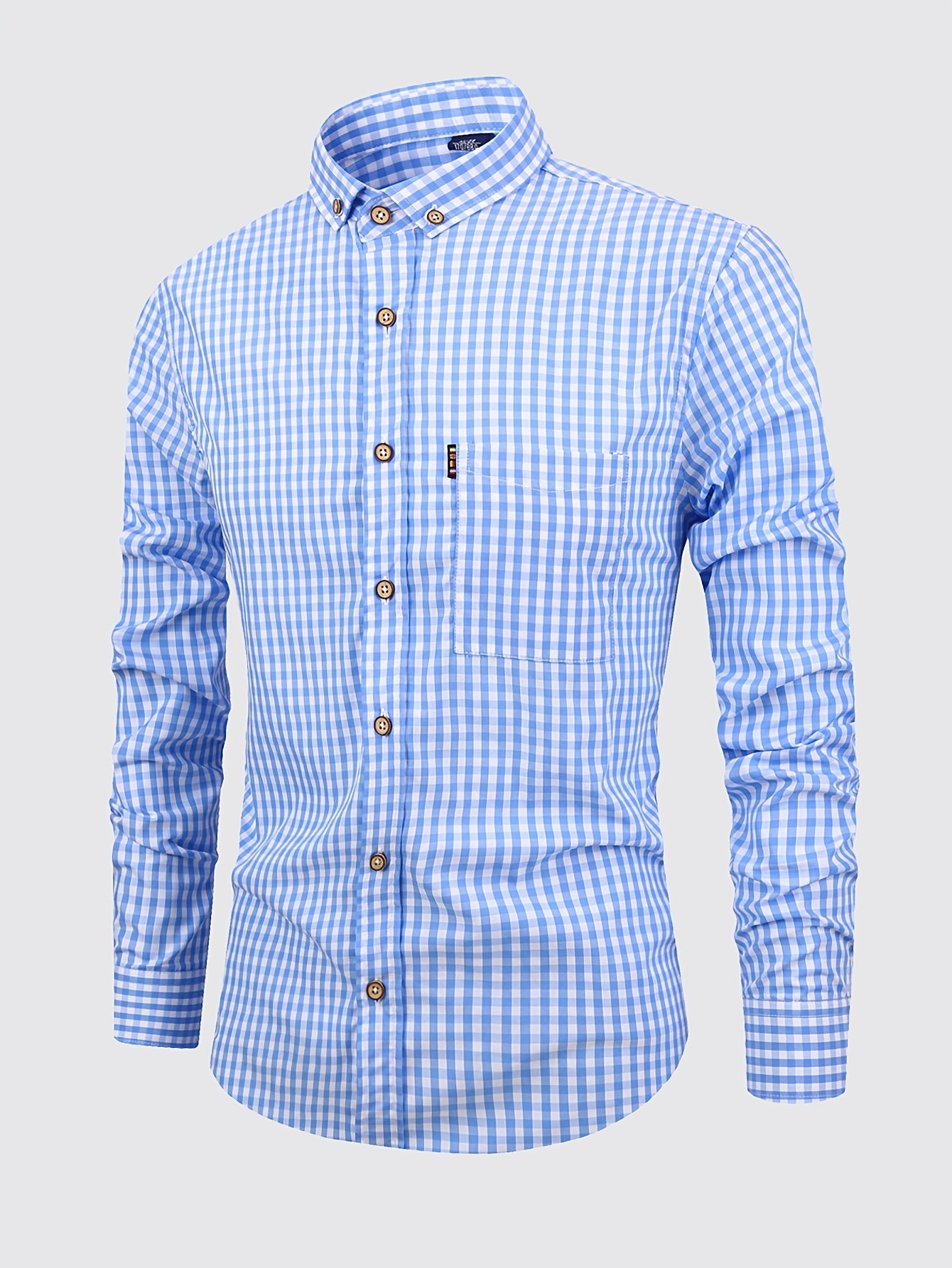 Light Steel Blue 1pc Men'S Casual Plaid Shirt | Long Sleeve, Non-Stretch Fabric, Single Breasted, Left Chest Pocket, Ideal for Daily Commute and Business Casual Occasions