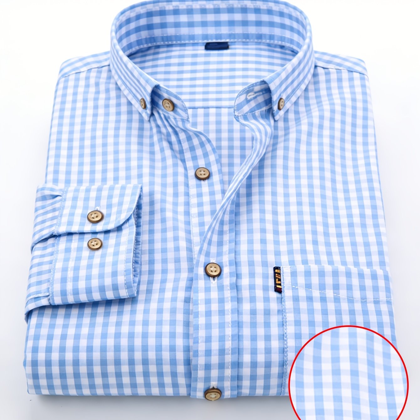 Powder Blue 1pc Men'S Casual Plaid Shirt | Long Sleeve, Non-Stretch Fabric, Single Breasted, Left Chest Pocket, Ideal for Daily Commute and Business Casual Occasions