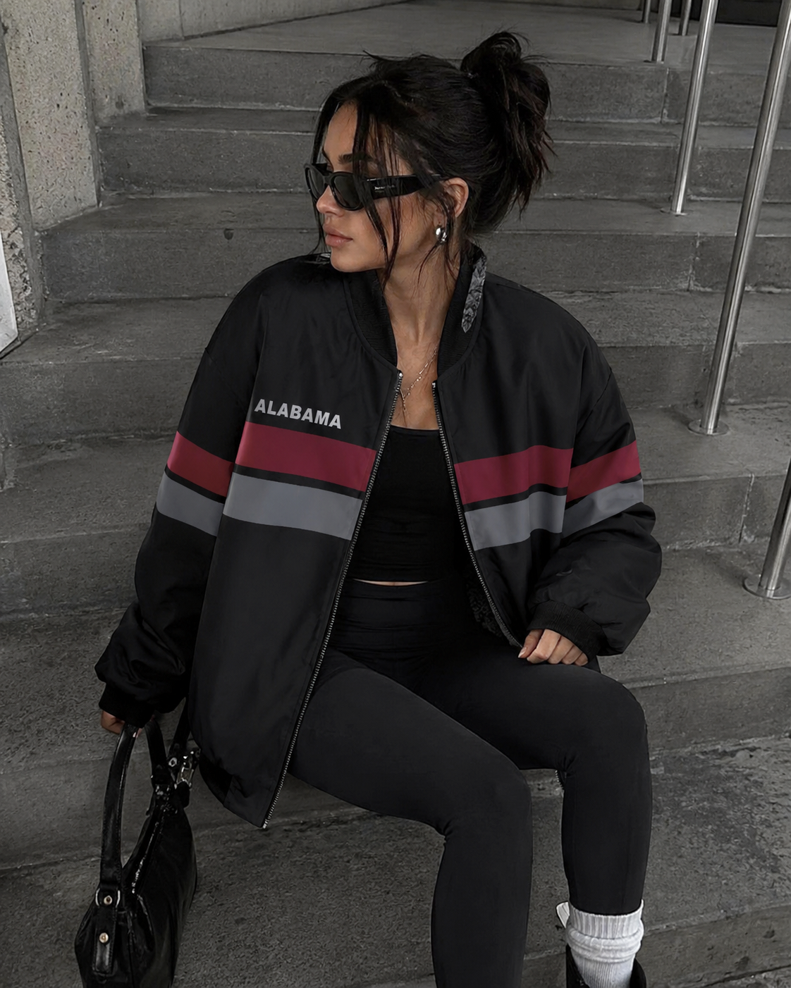 Alabama Roll Tide Black Bomber Jacket Retro Game Day Streetwear Jacket