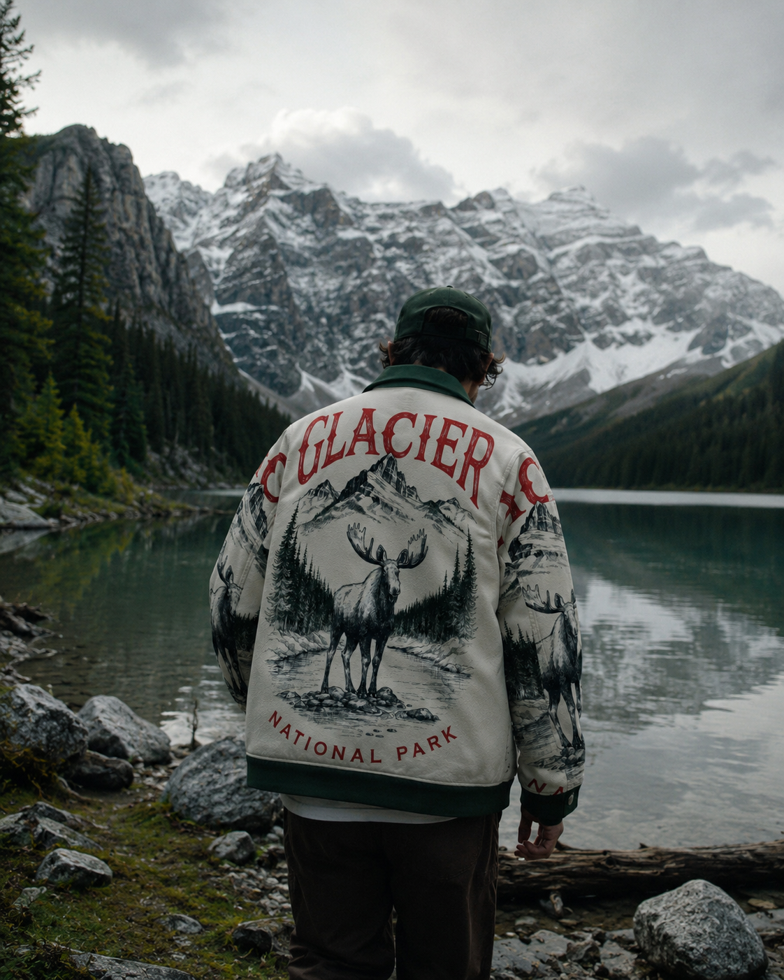 Person wearing a Glacier National Park jacket with a mountain and lake in the background