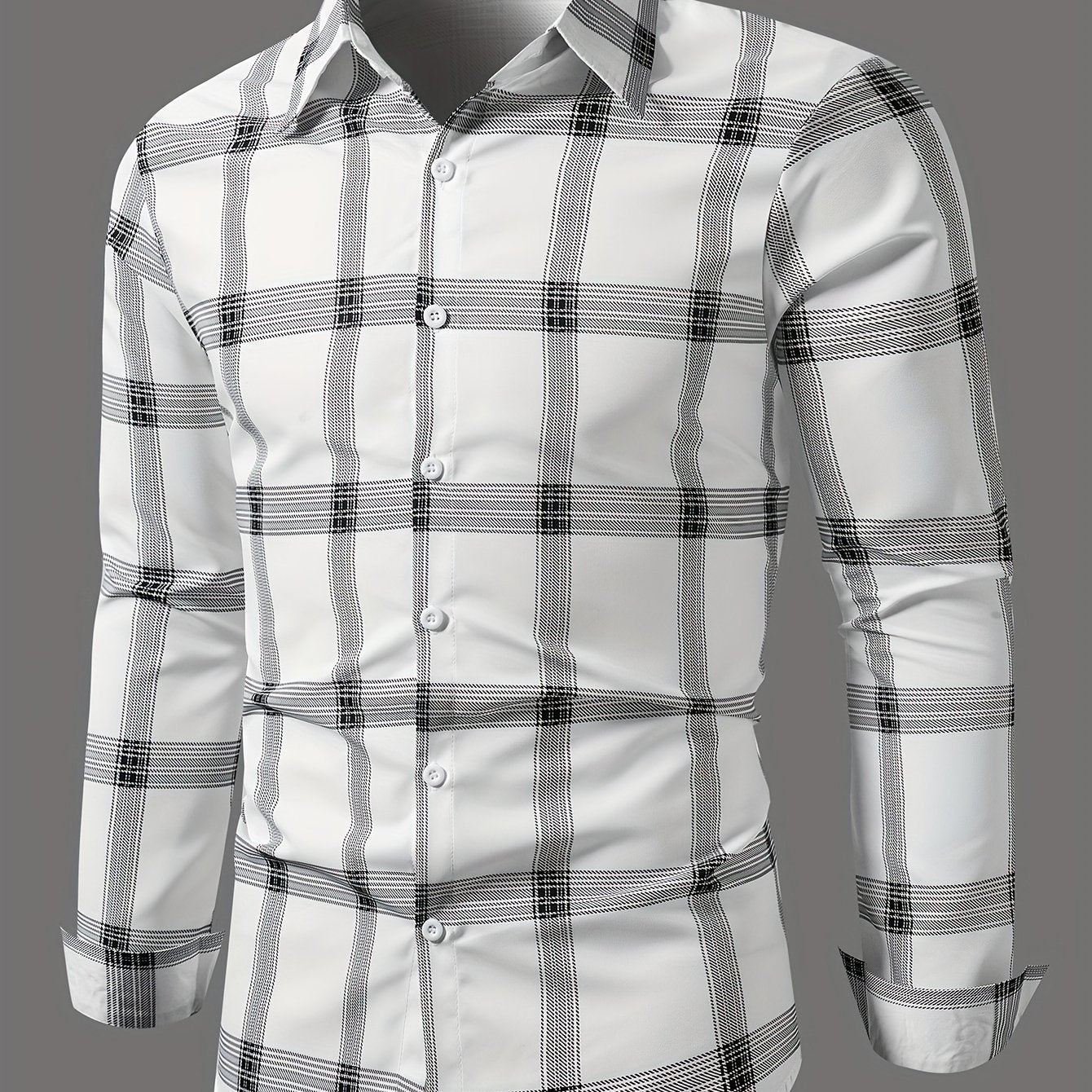 Gray Men's Plaid Shirt Long Sleeve Shirt Trendy Plaid Non-Directional Print Business Casual Top