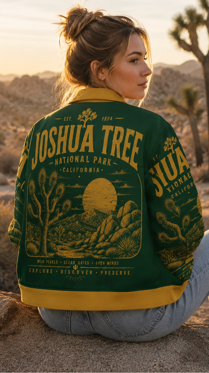 Person wearing a 'Joshua Tree National Park' jacket in a desert setting