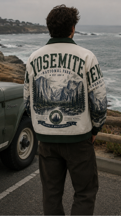 Person wearing a Yosemite National Park jacket standing by a car with ocean view