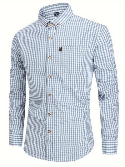 Light Steel Blue Kingstiger Men's casual slim cotton plaid shirt, Casual Breathable Lapel Button Up Long Sleeve Shirt Top for City Walk Street Hanging Outdoor Activities