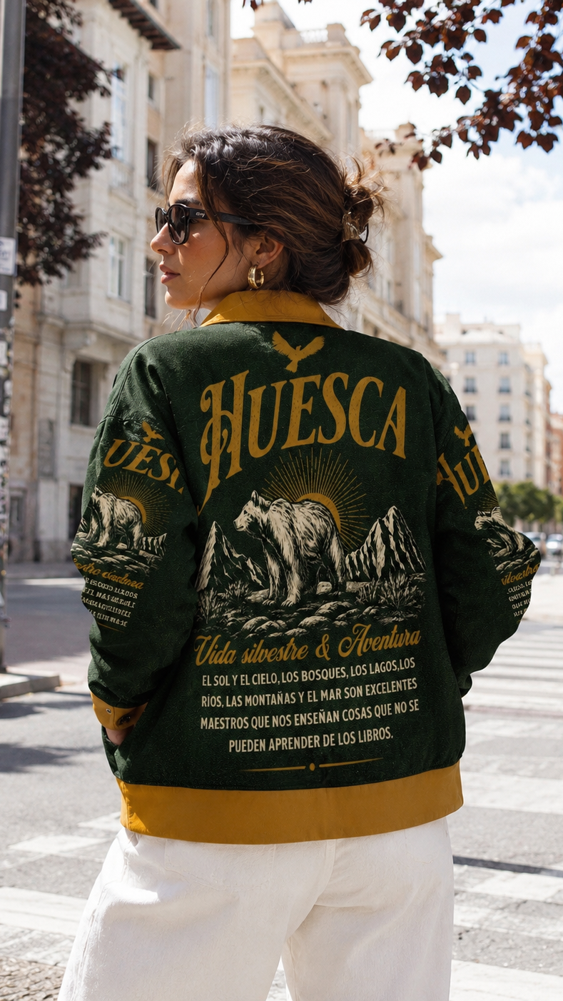 Woman wearing a green and yellow 'Huesca' sweater with bear graphics on a city street.